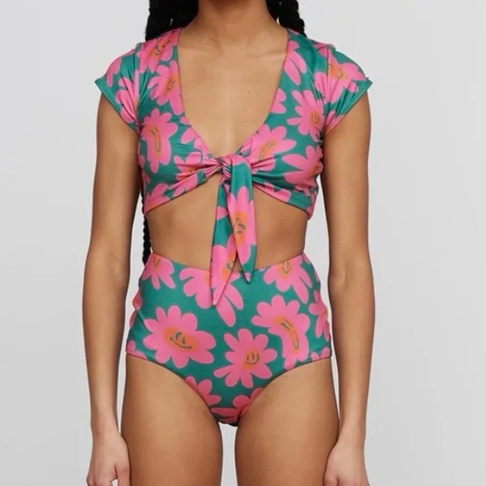 Lazy Oaf UK Brand Warped Flower Face Bikini Top Lazy Swim Wrap Top Women's 8 USA - Picture 4 of 11